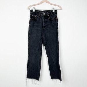 ZARA High Rise Straight Leg Jeans 2 Black Rinse Raw Hem #7578